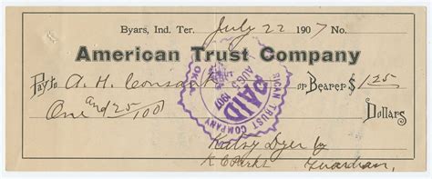 1907 Byars Indian Territory American Trust Company Oklahoma Check Ebay