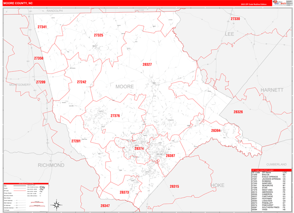 Moore County North Carolina Zip Code Wall Map Maps Com Com